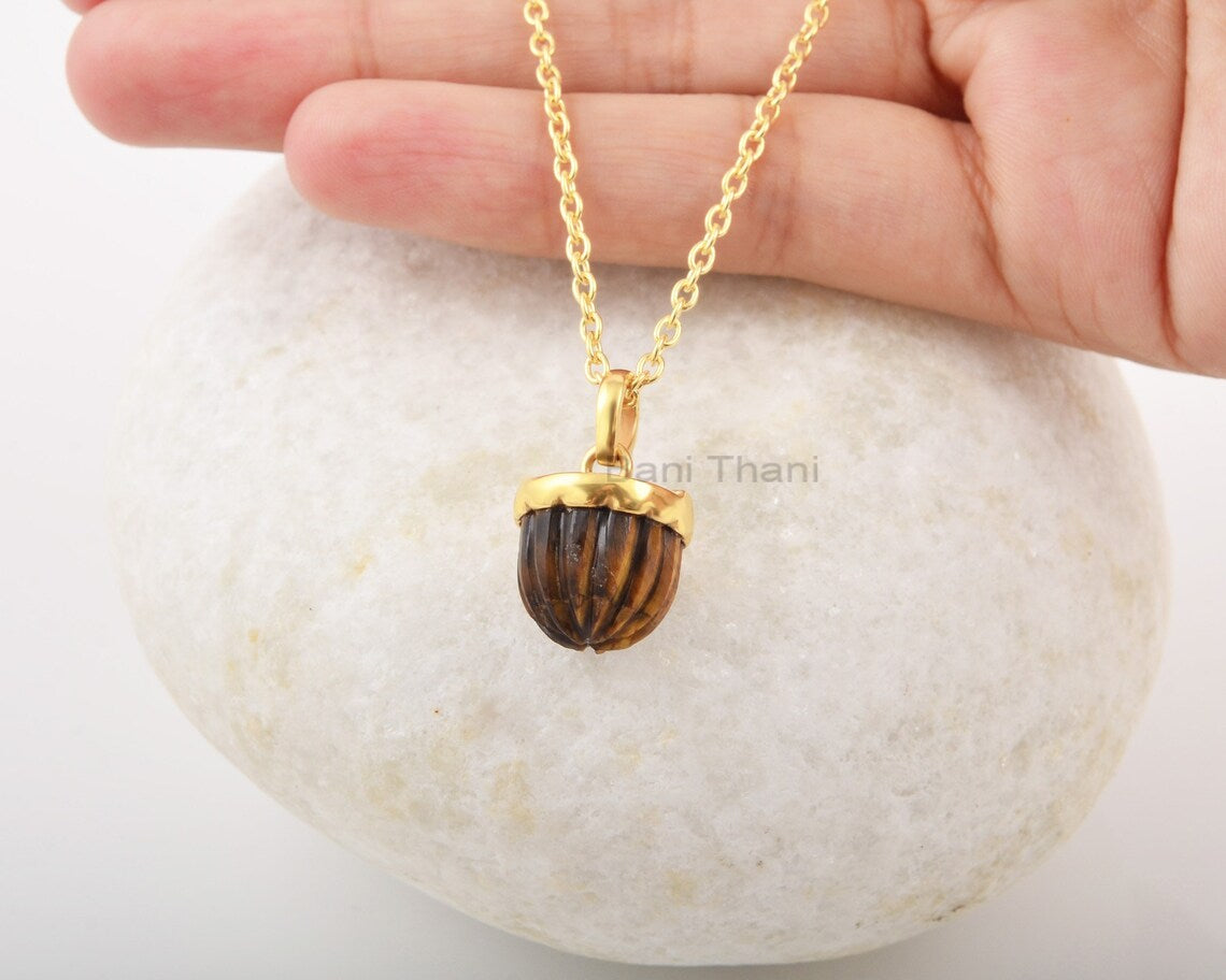 Acorn Pendant - Tiger Eye Necklace - Solid Silver - Gold Plated Pendant Necklace - Carved Jewelry - Gift for Protection -Jewelry for Prom