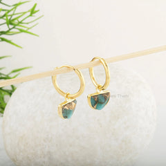 Dangle Hoop Earrings - Copper Amazonite Earrings - 7x10mm Half Moon Shape Gemstone Earring - Gold Plated Earrings - 925 Silver Hoop Earrings