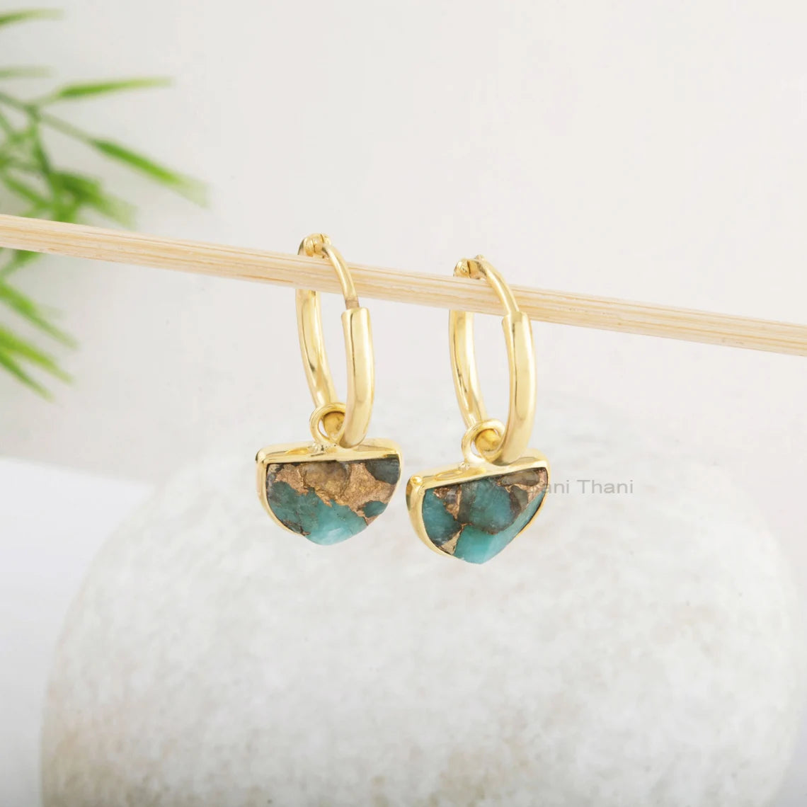 Dangle Hoop Earrings - Copper Amazonite Earrings - 7x10mm Half Moon Shape Gemstone Earring - Gold Plated Earrings - 925 Silver Hoop Earrings