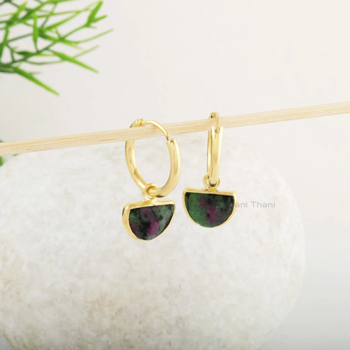 Drop Dangle Earrings - Ruby Zoisite Gemstone Earrings - Silver Hoop - 7x10mm Half Moon Shape Earrings - Gold Plated Earring - Gift for Women