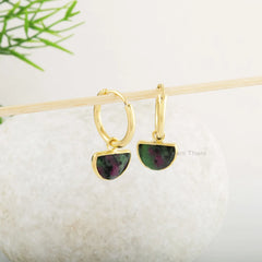 Drop Dangle Earrings - Ruby Zoisite Gemstone Earrings - Silver Hoop - 7x10mm Half Moon Shape Earrings - Gold Plated Earring - Gift for Women