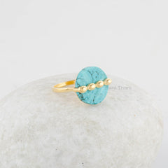 Tibetan Turquoise Ring - Handmade Round Gemstone Ring - Gold Plated Ring - Rings for Women - 925 Sterling Silver Ring - Jewelry For Summer