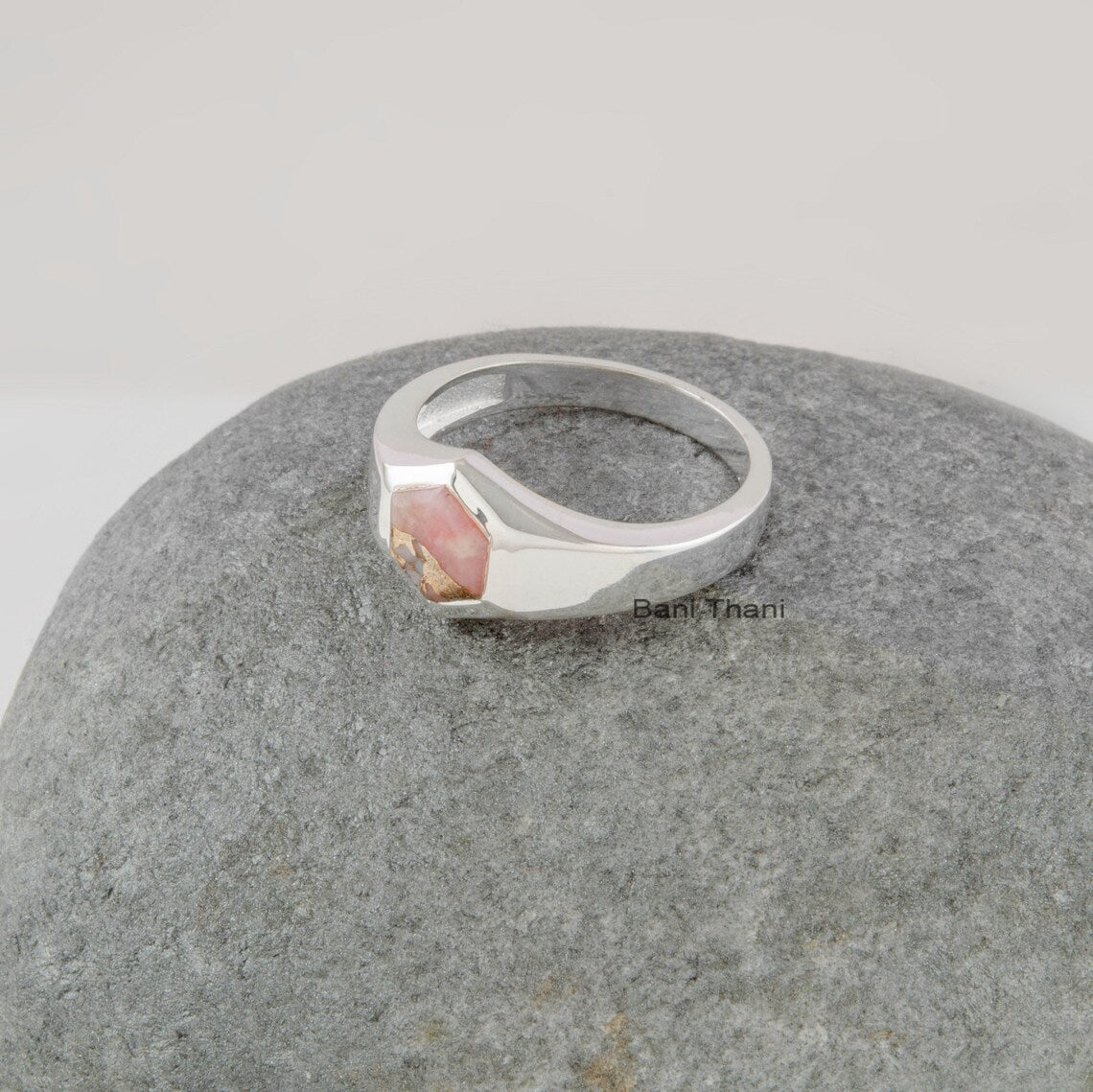 Pink Opal Signet Ring - Statement Ring - Solid Silver Ring - Cocktail Ring - Gold Plated - 6mm Hexagon Gemstone - Womens Ring - Gift for Her