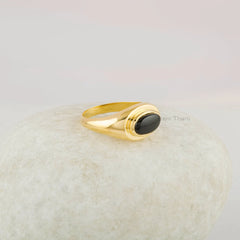 Signet Ring - Gift for Her - Black Onyx Gemstone Ring - 6x11mm Oval Ring - Gold Plated Ring - 925 Solid Silver - Birthday Gift - Dainty Ring