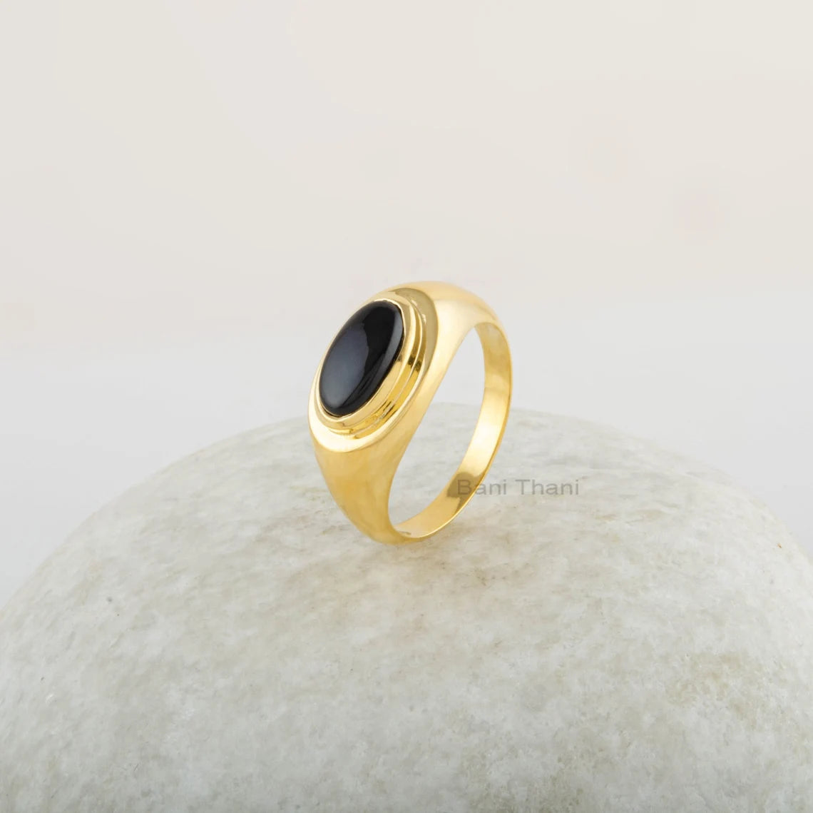 Signet Ring - Gift for Her - Black Onyx Gemstone Ring - 6x11mm Oval Ring - Gold Plated Ring - 925 Solid Silver - Birthday Gift - Dainty Ring