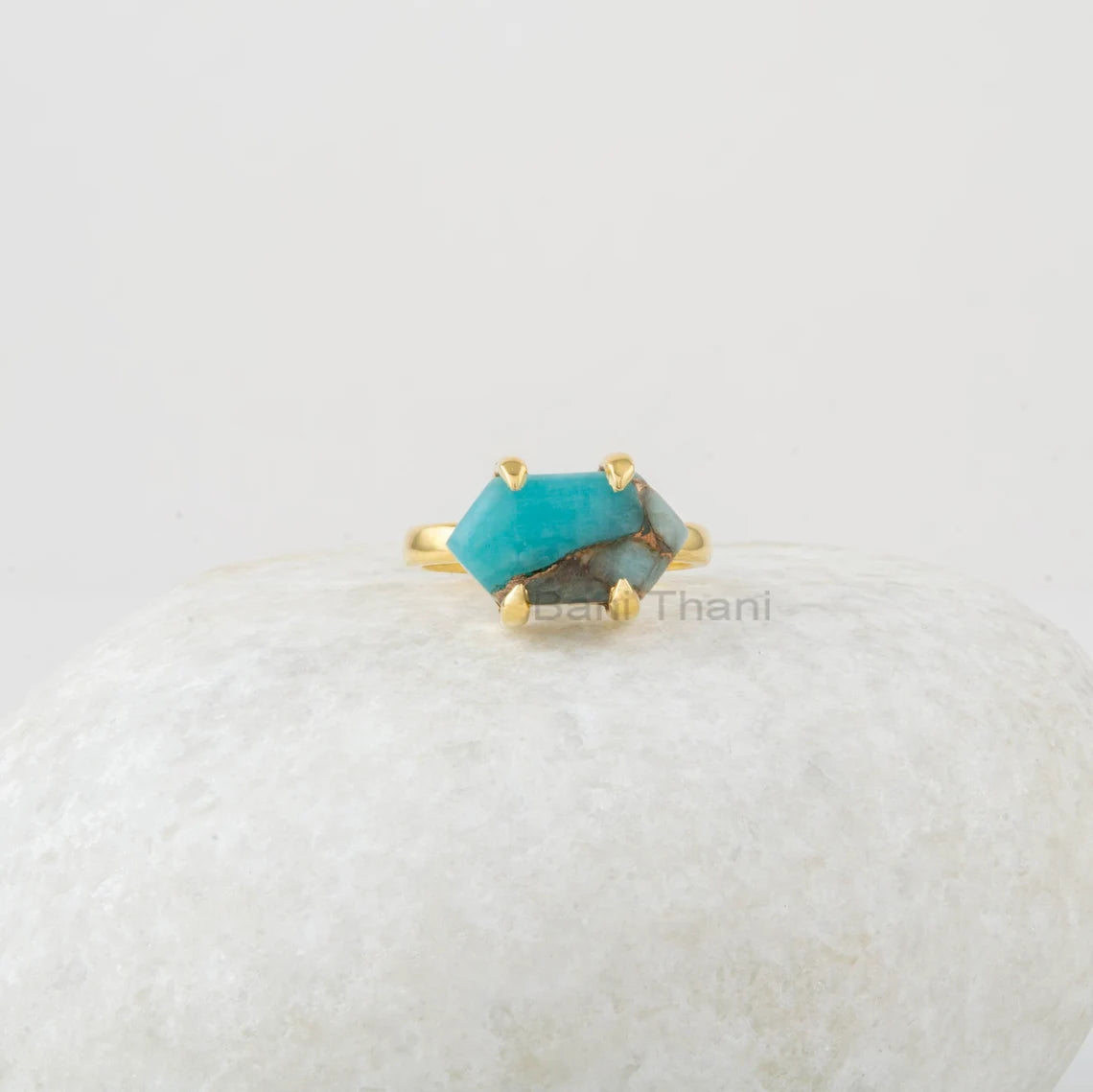 Handmade Jewelry - Amazonite Ring - 925 Silver Ring - Hexagon Gemstone Ring - Gold Plated Ring - Gift for Womens - Copper Amazonite Ring