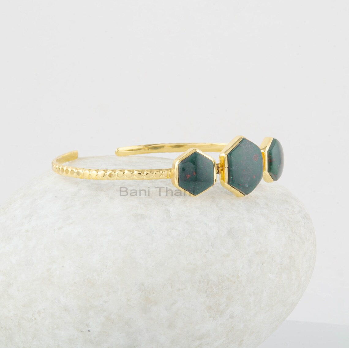 Bloodstone Cuff Bangle - Hexagon Bracelet - 925 Sterling Silver Bracelet - Gift for Her - Handmade Bracelet - Gold Plated - Jewelry for Prom