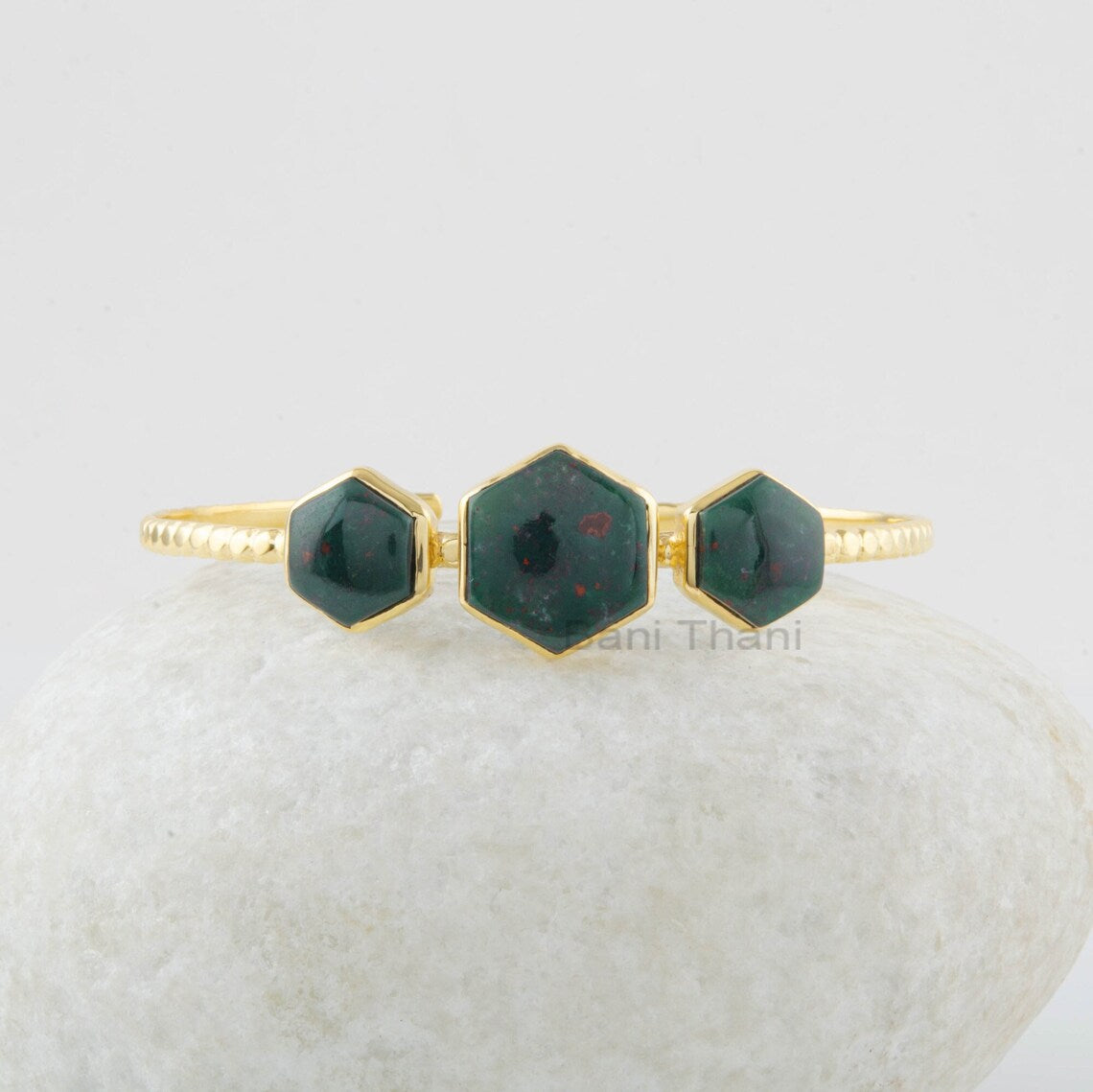 Bloodstone Cuff Bangle - Hexagon Bracelet - 925 Sterling Silver Bracelet - Gift for Her - Handmade Bracelet - Gold Plated - Jewelry for Prom