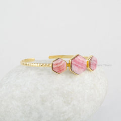 Hexagon Bangle - Gemstone Cuff Bangle - Rhodochrosite Bracelet - 925 Sterling Silver - Gold Plated - Gift For Birthday - Jewelry For Spouse