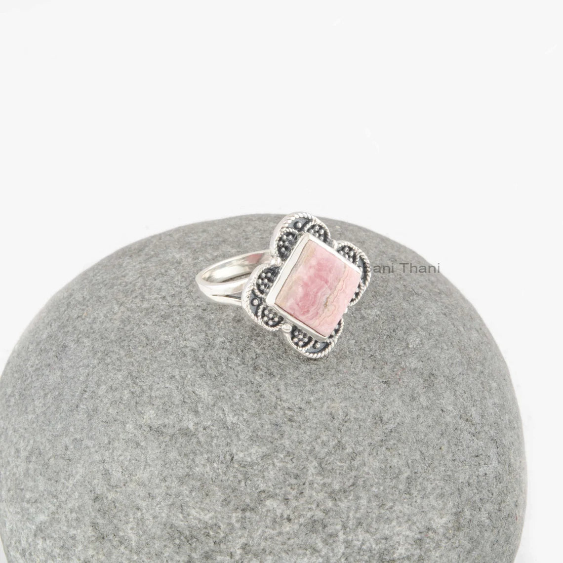 Boho Rings - Rhodochrosite Square Ring - 925 Sterling Silver Dotted Delicate Ring - Gemstone Vintage Ring - Bohemian Handmade Gift for Him