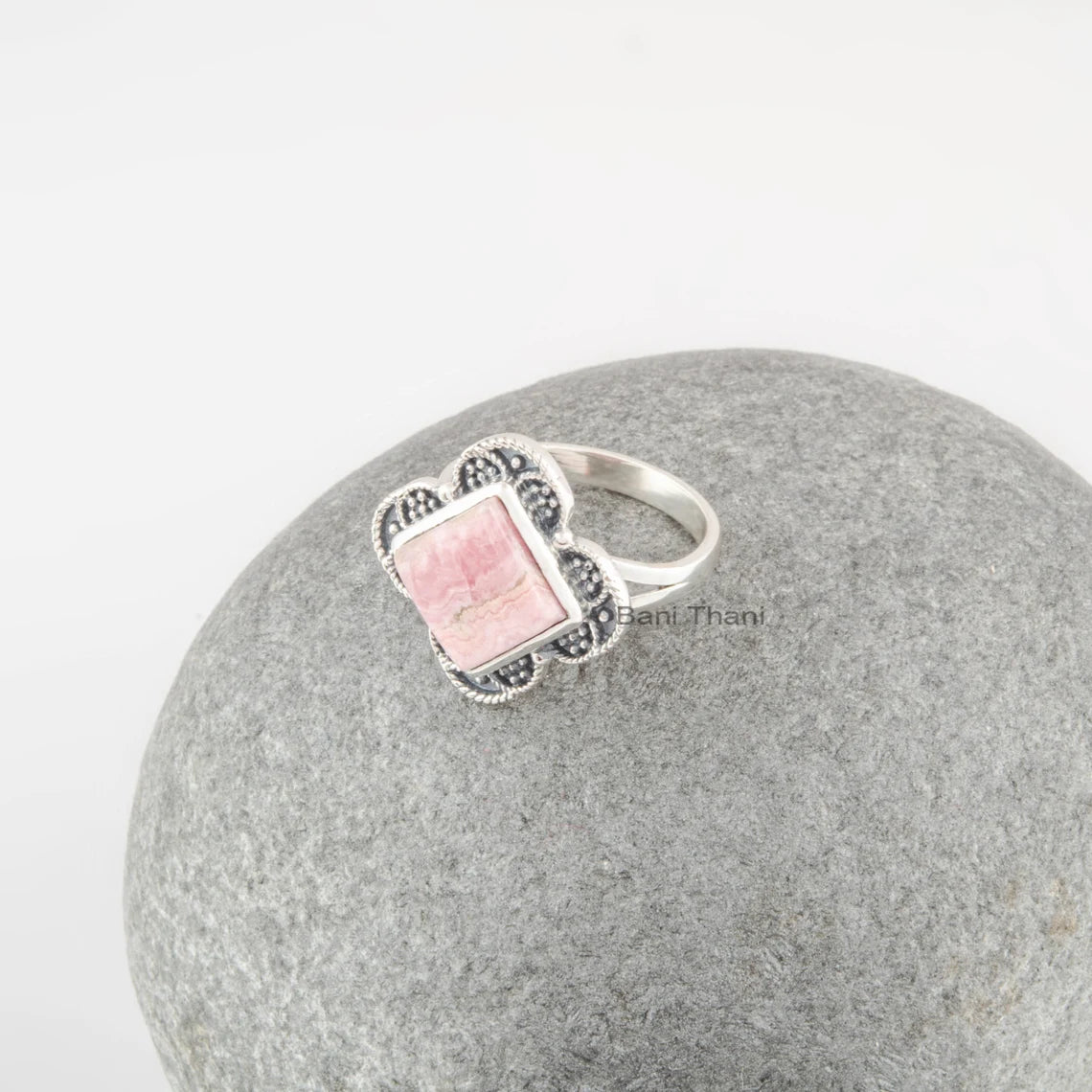 Boho Rings - Rhodochrosite Square Ring - 925 Sterling Silver Dotted Delicate Ring - Gemstone Vintage Ring - Bohemian Handmade Gift for Him