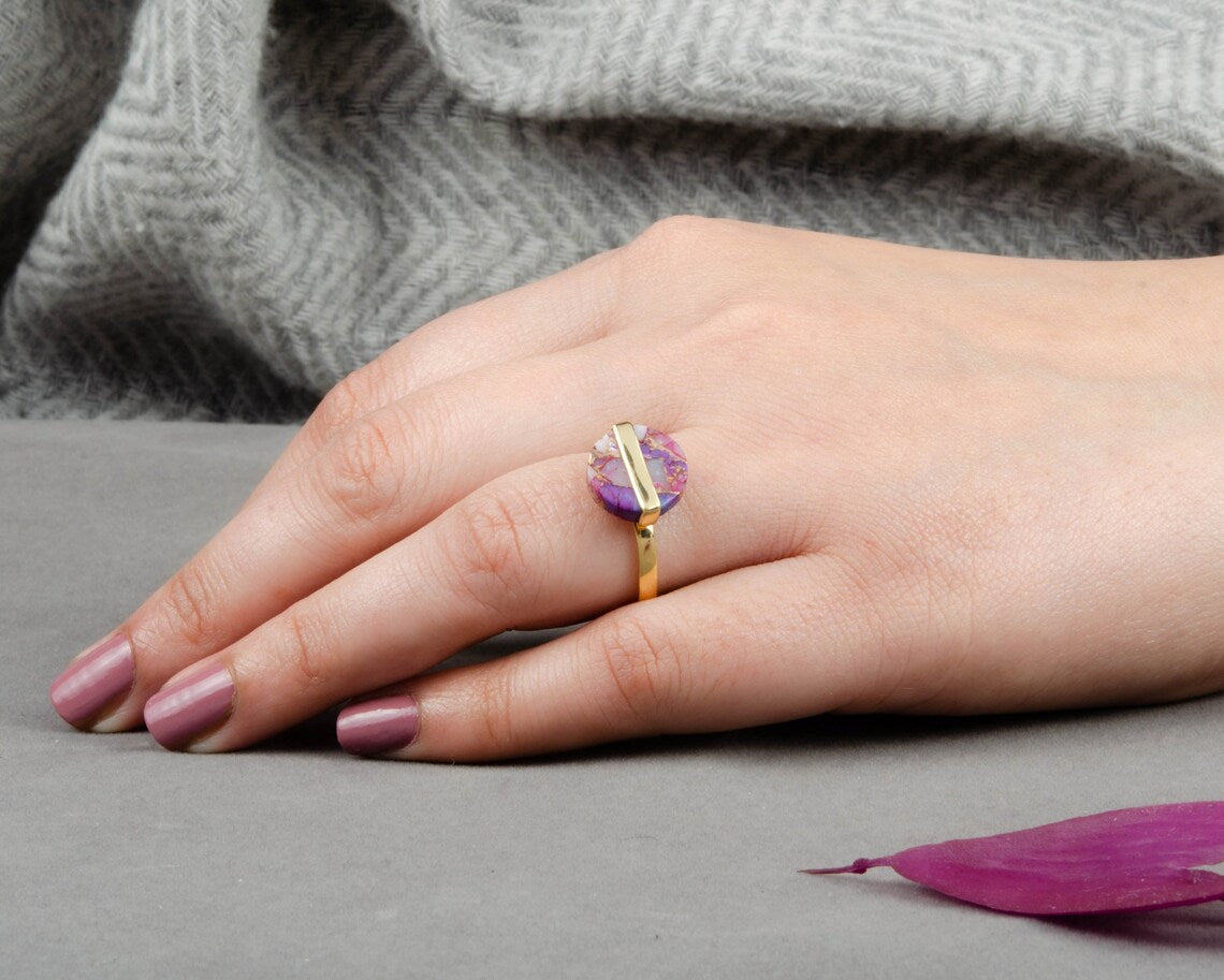 Dahlia Purple Turquoise Ring - Solid Silver - Gold Plated Ring - High Quality Jewelry - Gift for Wedding - Jewelry for Spouse - Round Ring