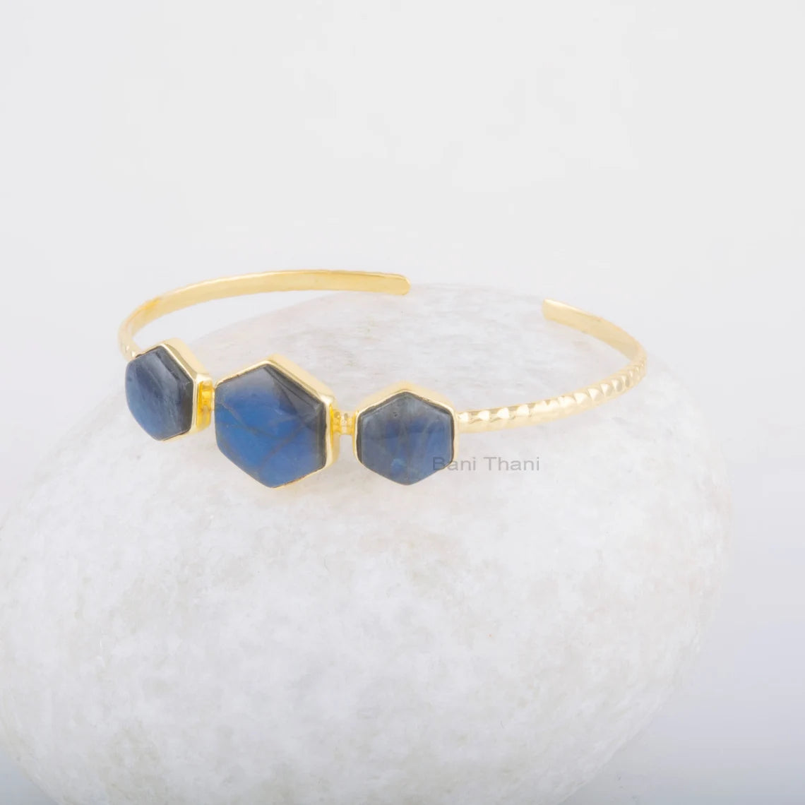 Labradorite Hexagon Bracelet - Gemstone Cuff Bracelet - Gold Plated Bangle - 925 Solid Silver Bangle - Jewelry for Spouse - Handmade Jewelry