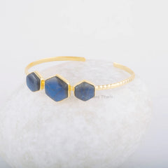 Labradorite Hexagon Bracelet - Gemstone Cuff Bracelet - Gold Plated Bangle - 925 Solid Silver Bangle - Jewelry for Spouse - Handmade Jewelry