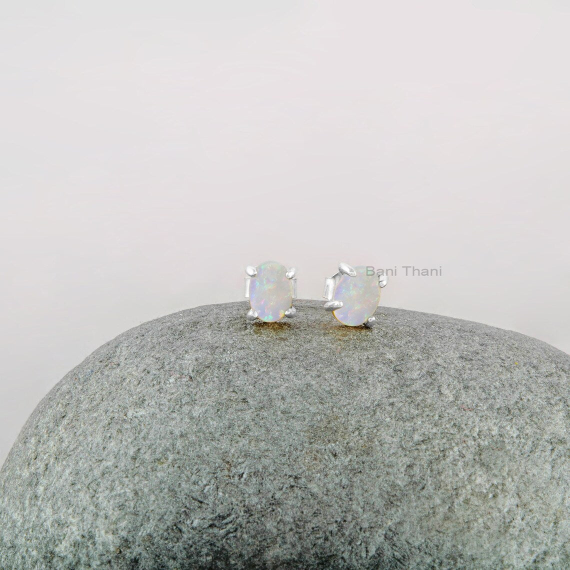 Prong Set Ethiopian Opal Stud Earring - Wedding Gift Earrings - 925 Sterling Silver Earring - Handmade Oval Gemstone Earrings - Boho Earring