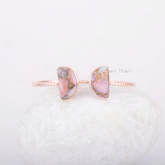 Pink Opal Copper Silver Bangle - Half Moon 7x12mm Gemstone Cuff Bangle - Adjustable Bracelet - Rose Gold Cuff Bracelet - Gift For Birthday