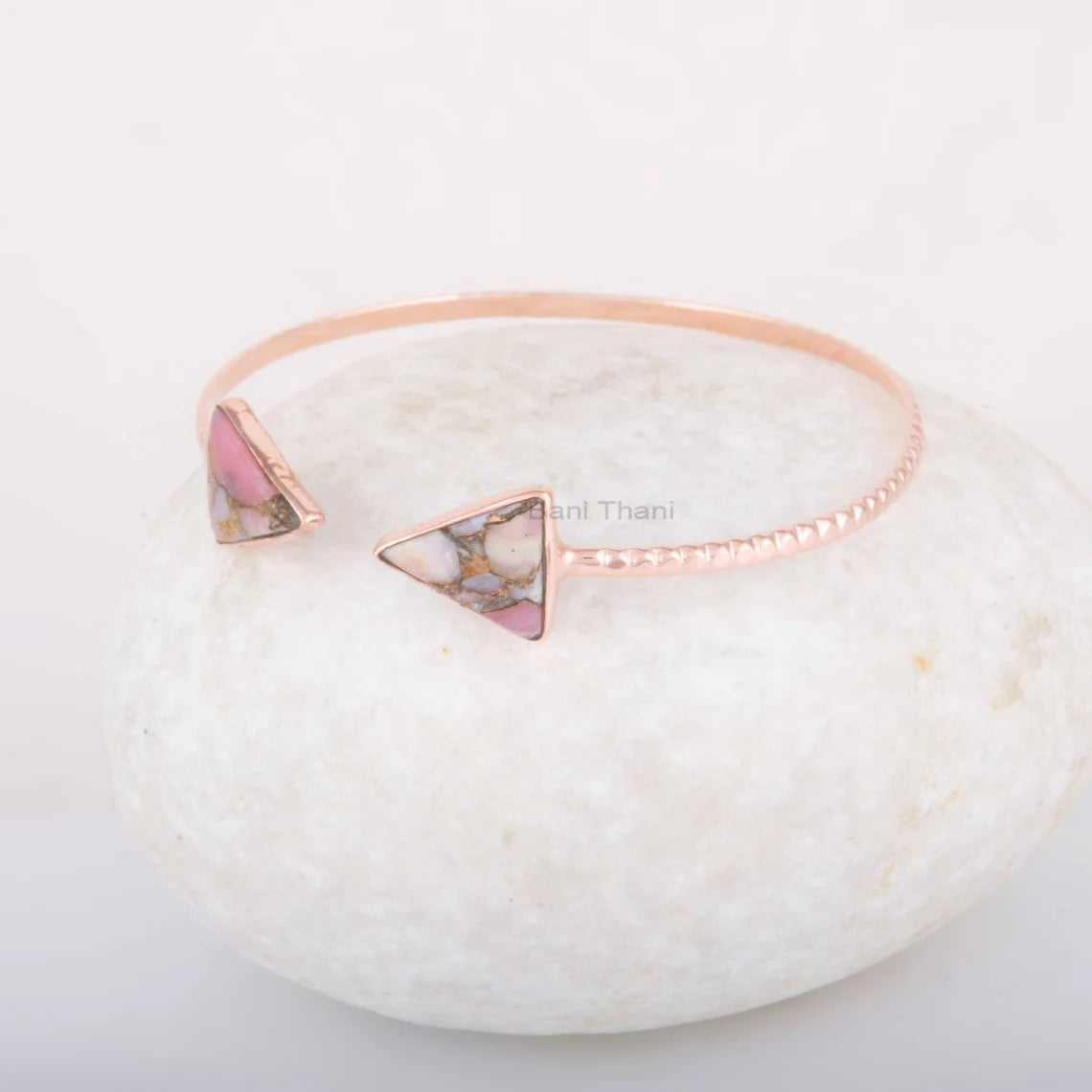 Pink Opal Cuff Bangle - 8x9mm Triangle Gemstone Bracelet - 925 Silver Bracelet - Adjustable Bangle - Rose Gold Bracelet - Jewelry for Womens