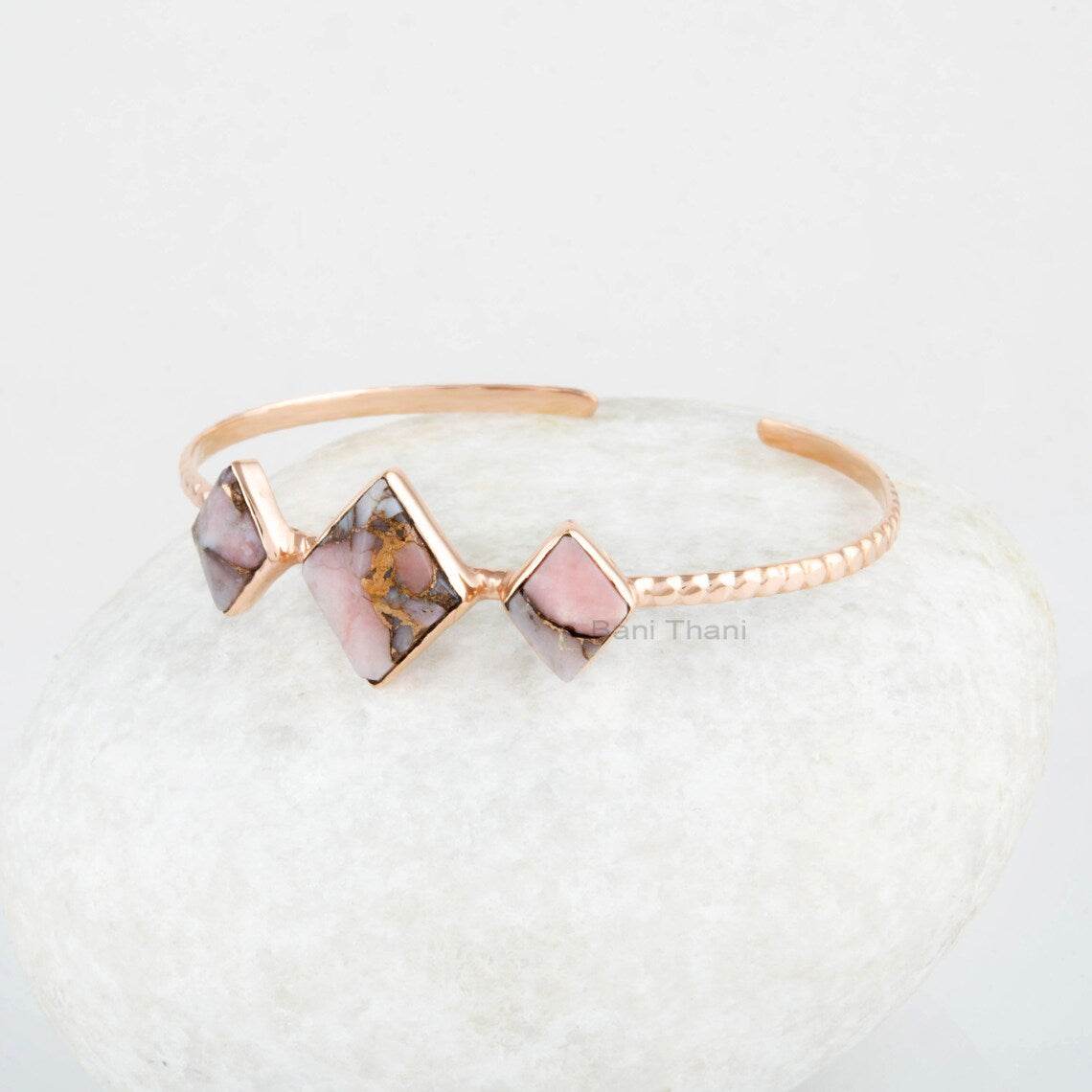 Pink Opal Copper Bracelet - 925 Silver Bracelet - Adjustable Cuff Bangle - Diamond Shape Gemstone - Rose Gold Bracelet - Jewelry for Womens