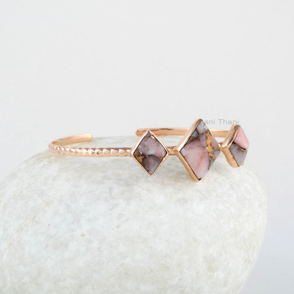 Pink Opal Copper Bracelet - 925 Silver Bracelet - Adjustable Cuff Bangle - Diamond Shape Gemstone - Rose Gold Bracelet - Jewelry for Womens