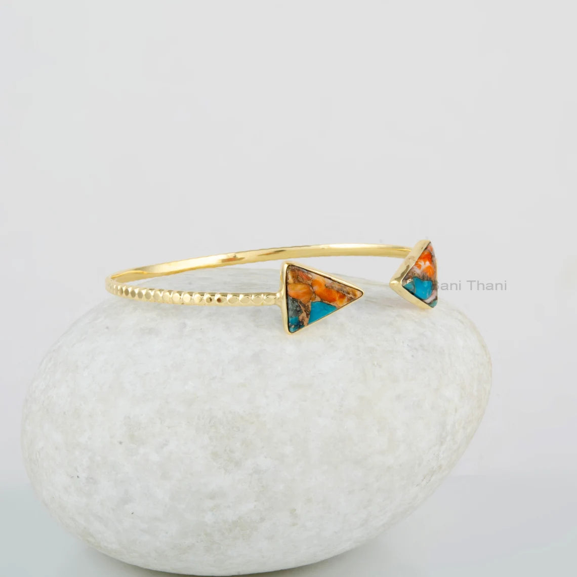 Turquoise Triangle Bangle - Oyster Turquoise Bracelet - 925 Solid Silver - 8x9mm Gemstone - Gold Plated - Handmade Bangle - Gift for Women