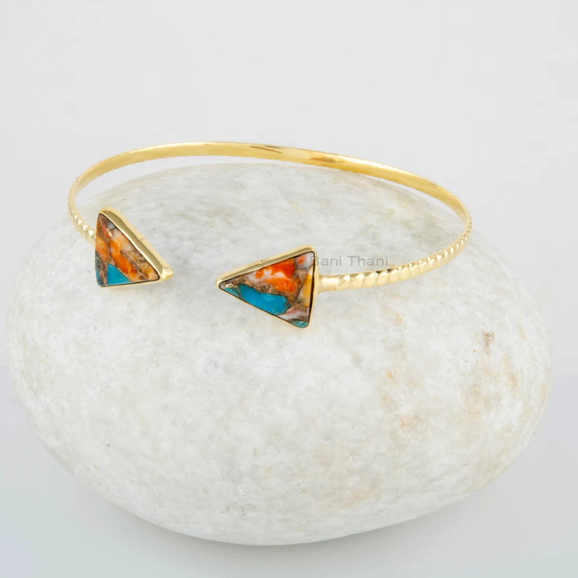 Turquoise Triangle Bangle - Oyster Turquoise Bracelet - 925 Solid Silver - 8x9mm Gemstone - Gold Plated - Handmade Bangle - Gift for Women