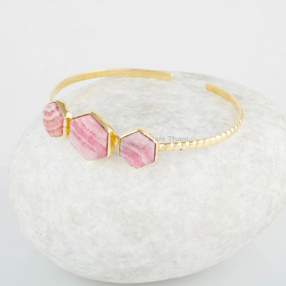 Hexagon Bangle - Gemstone Cuff Bangle - Rhodochrosite Bracelet - 925 Sterling Silver - Gold Plated - Gift For Birthday - Jewelry For Spouse