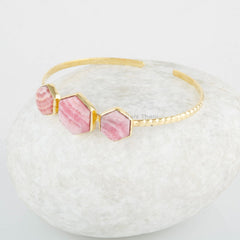 Hexagon Bangle - Gemstone Cuff Bangle - Rhodochrosite Bracelet - 925 Sterling Silver - Gold Plated - Gift For Birthday - Jewelry For Spouse