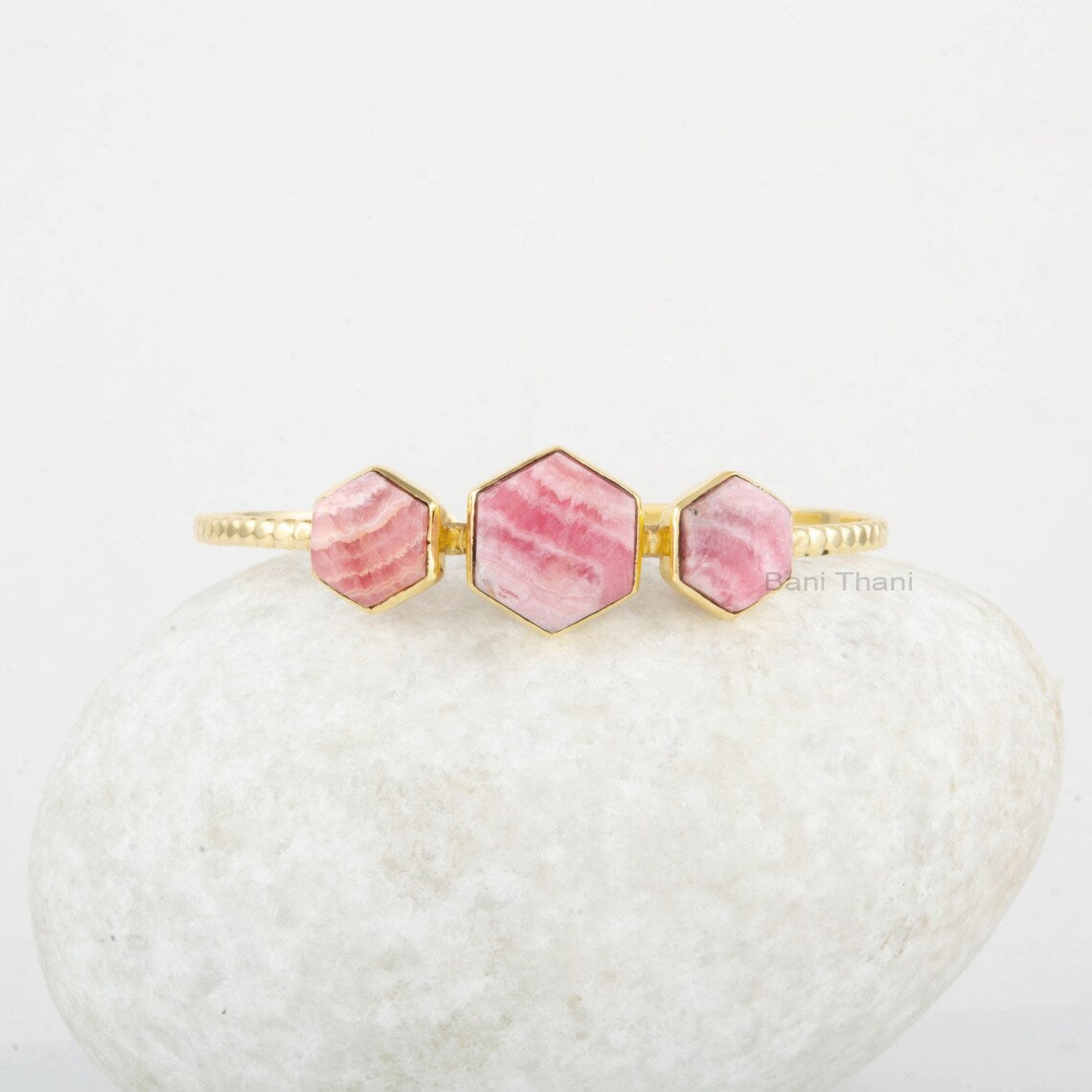 Hexagon Bangle - Gemstone Cuff Bangle - Rhodochrosite Bracelet - 925 Sterling Silver - Gold Plated - Gift For Birthday - Jewelry For Spouse