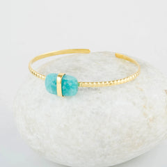 Amazonite Cuff Bracelet - 925 Silver Bracelet - Adjustable Bangle - 10x16mm Cushion Gemstone - Gold Plated - Wedding Gift- Delicate Bracelet