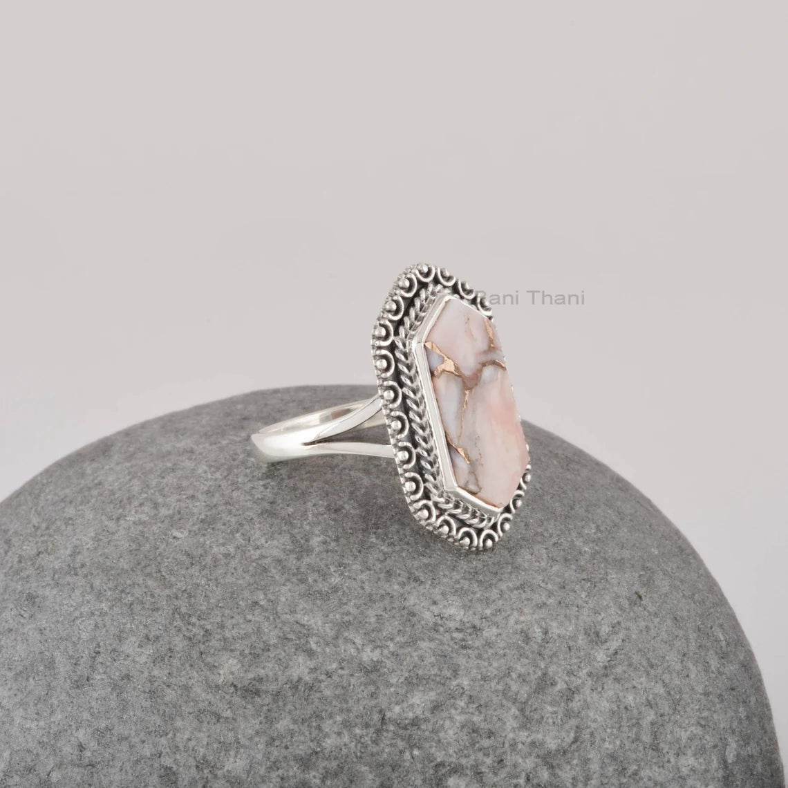 Handcrafted Boho Ring - Pink Opal Copper Gemstone Ring - Gift for Bridesmaid - Jewelry for Women - Pure 925 Silver Dotted Ring- Hexagon Ring