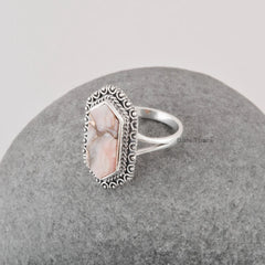 Handcrafted Boho Ring - Pink Opal Copper Gemstone Ring - Gift for Bridesmaid - Jewelry for Women - Pure 925 Silver Dotted Ring- Hexagon Ring