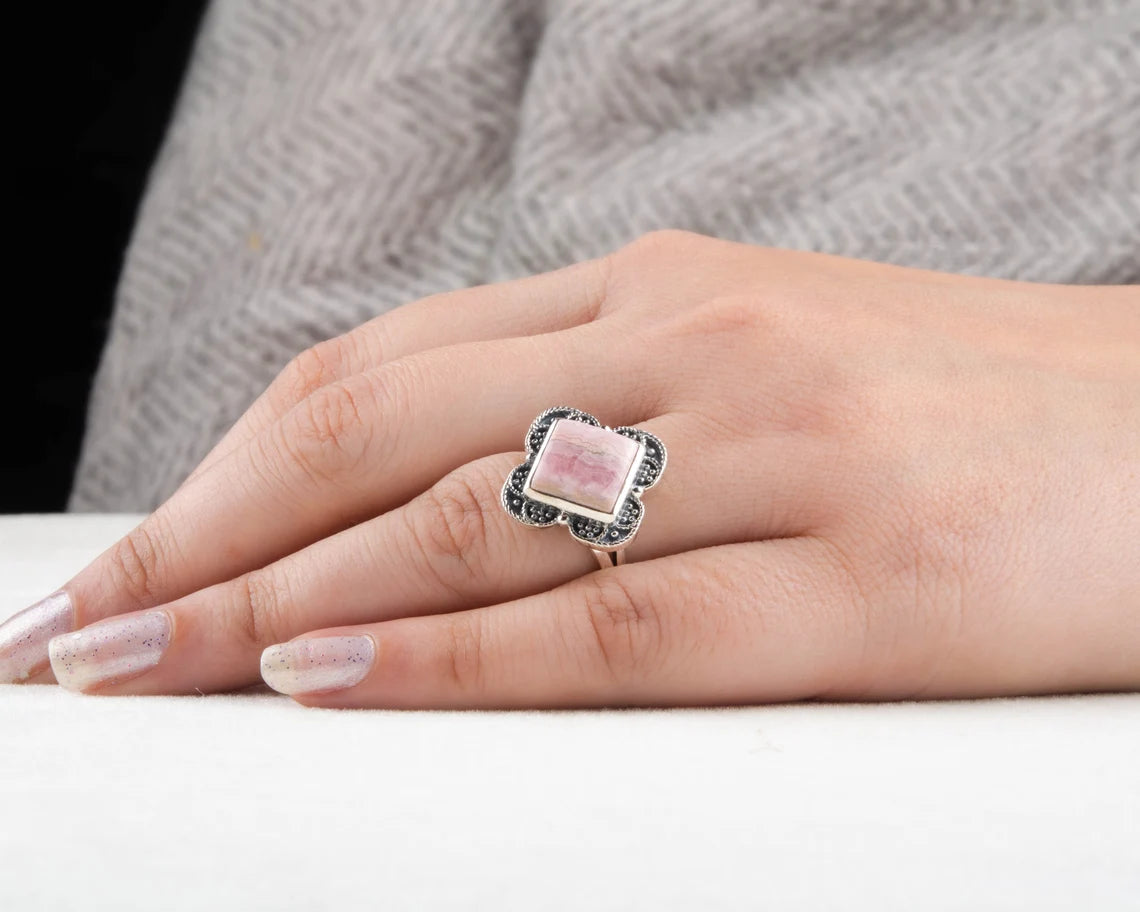 Boho Rings - Rhodochrosite Square Ring - 925 Sterling Silver Dotted Delicate Ring - Gemstone Vintage Ring - Bohemian Handmade Gift for Him