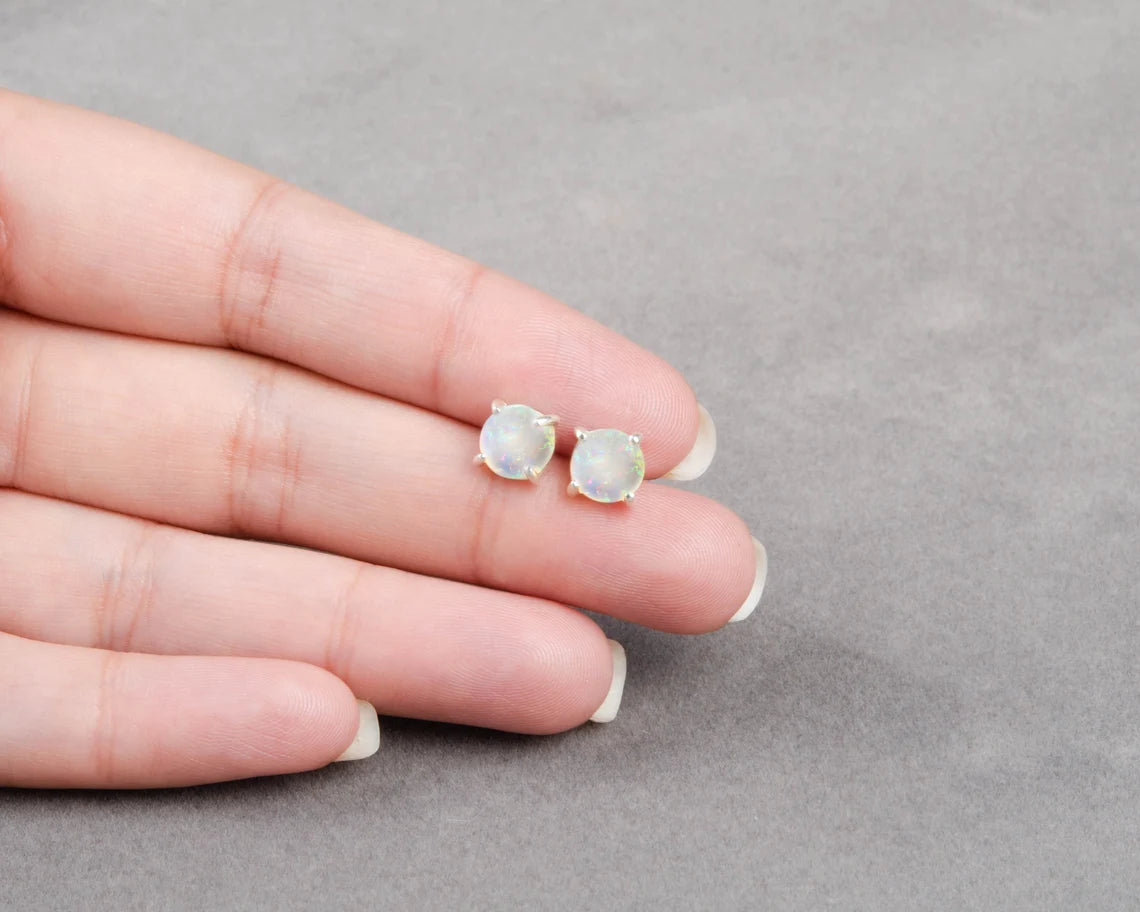 Natural Opal Stud Earrings - Prong Set Handmade Earrings - 7mm Round Gemstone Stud Earrings - Christmas Gift Earrings - 925 Silver Earrings