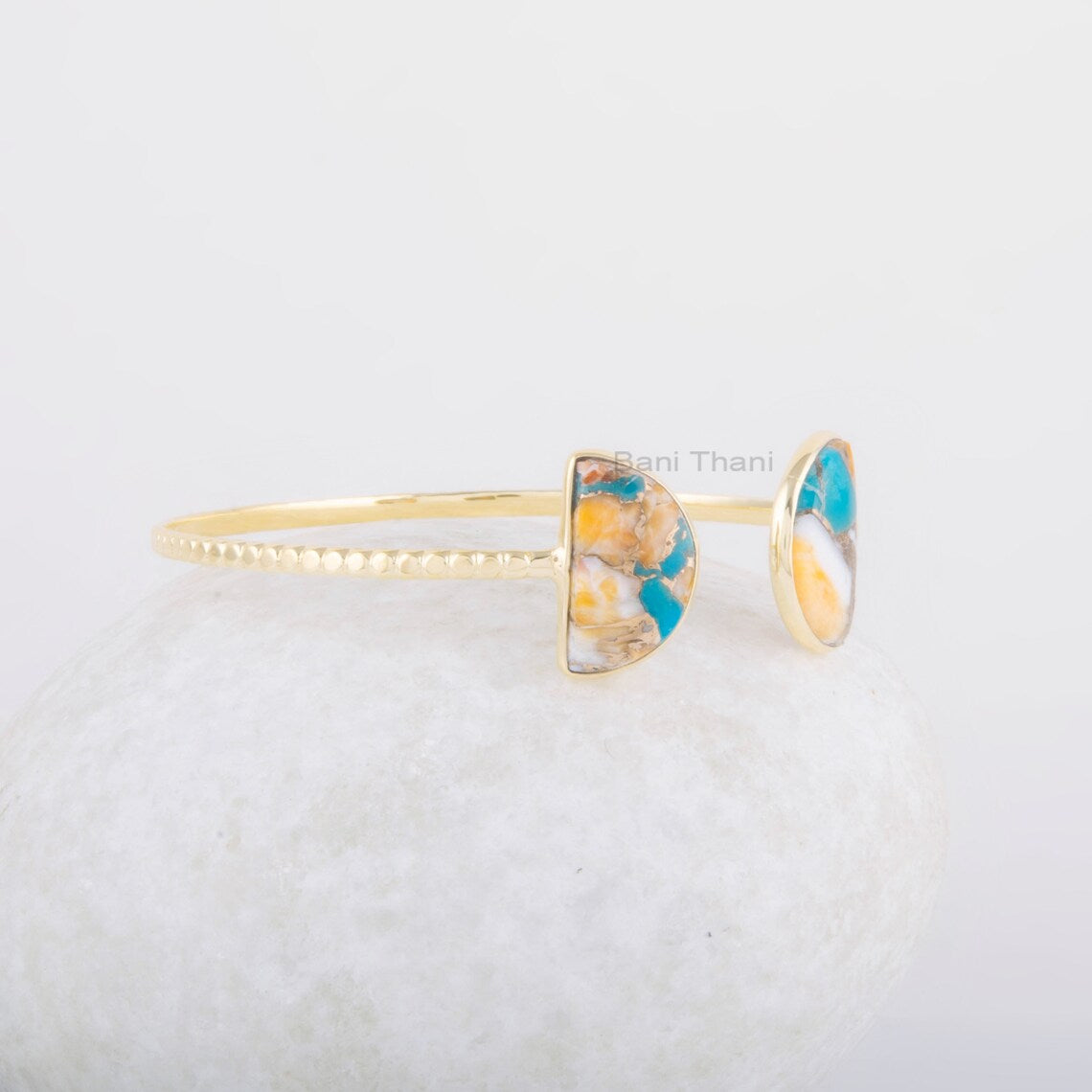 Oyster Turquoise Gemstone Bangle - 7x12mm Half Moon Cuff Bracelet - Gold Plated Bangle - 925 Solid Silver - Gift for Her - Jewelry for Niece