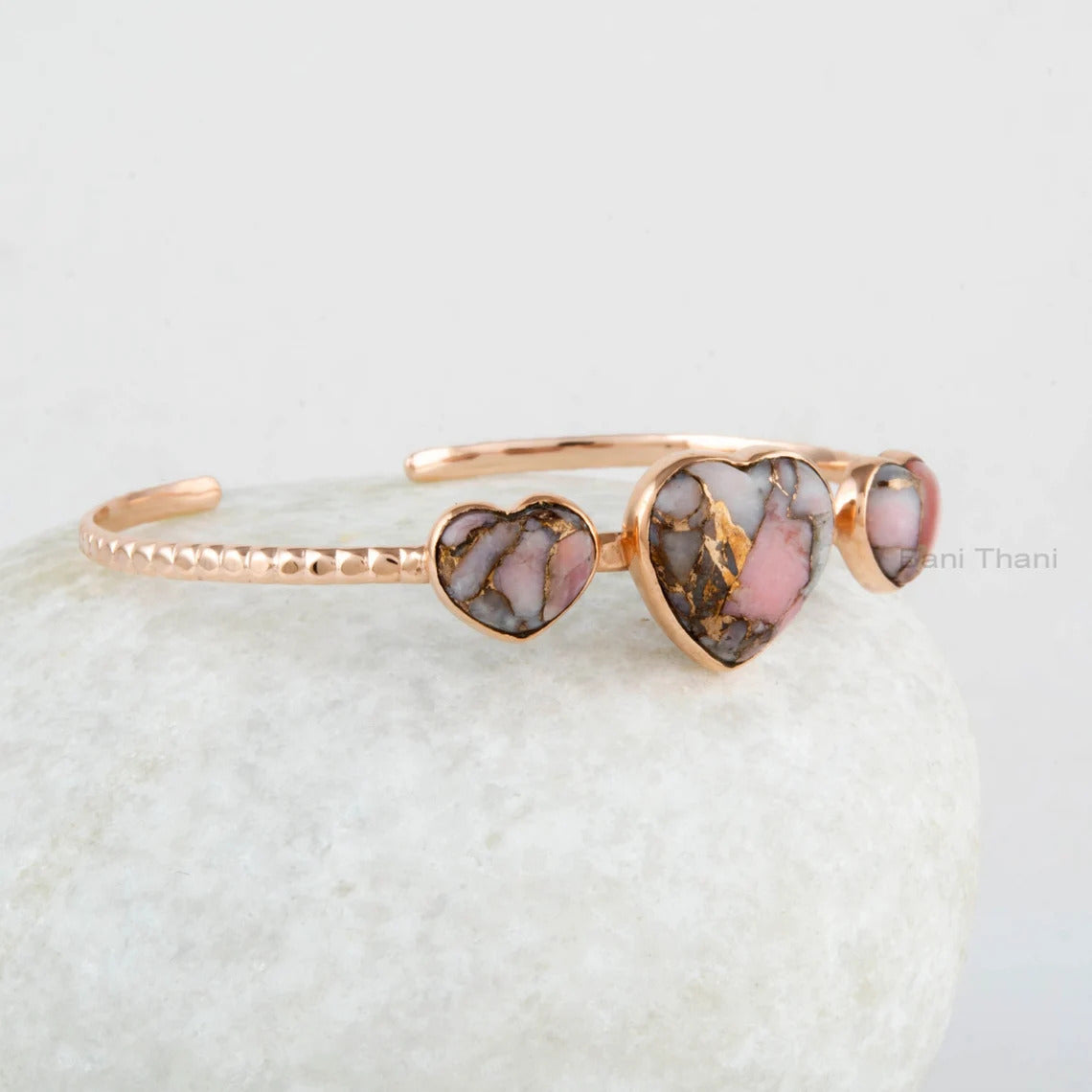 Heart Shape Gemstone Cuff Bracelet - Pink Opal Copper Bangle - Gold Plated Bangle - 925 Solid Silver Bangle- Handmade Jewelry For Women