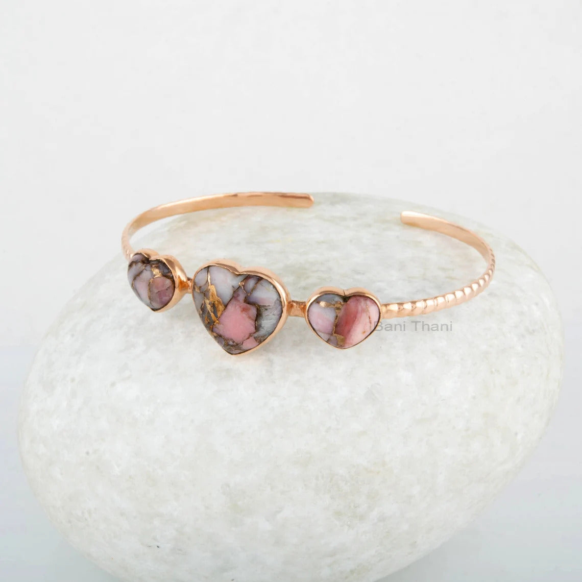 Heart Shape Gemstone Cuff Bracelet - Pink Opal Copper Bangle - Gold Plated Bangle - 925 Solid Silver Bangle- Handmade Jewelry For Women