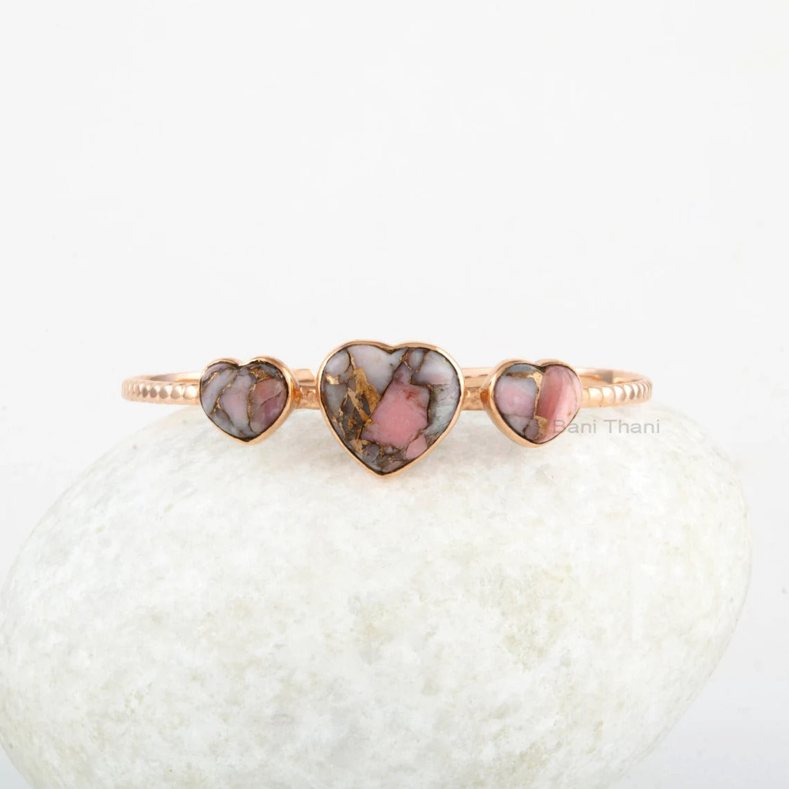 Heart Shape Gemstone Cuff Bracelet - Pink Opal Copper Bangle - Gold Plated Bangle - 925 Solid Silver Bangle- Handmade Jewelry For Women