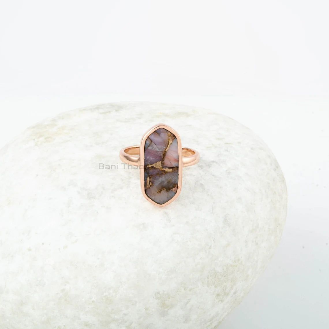 Gift for Mom - Gemstone Ring - Pink Opal Copper Ring - 8x18mm Flat Ring - 925 Sterling Silver - Wedding Gift Ring - Rose Gold Plated Ring