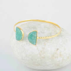 Half Moon Amazonite Bracelet - Gold Plated Cuff Bangle - Handmade Jewelry - 925 Solid Silver - 7x12mm Gemstone Bangle - Anniversary Gift