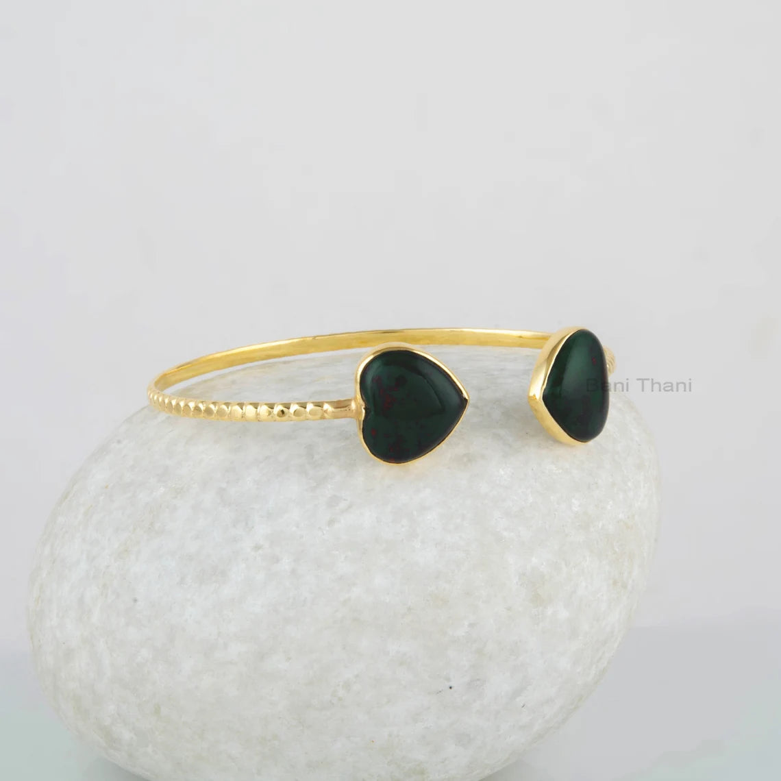 Heart Shape Cuff Bangle - Bloodstone 11mm Gemstone Bracelet - Gold Plated Bracelet - Handmade Jewelry - 925 Solid Silver - Anniversary Gift