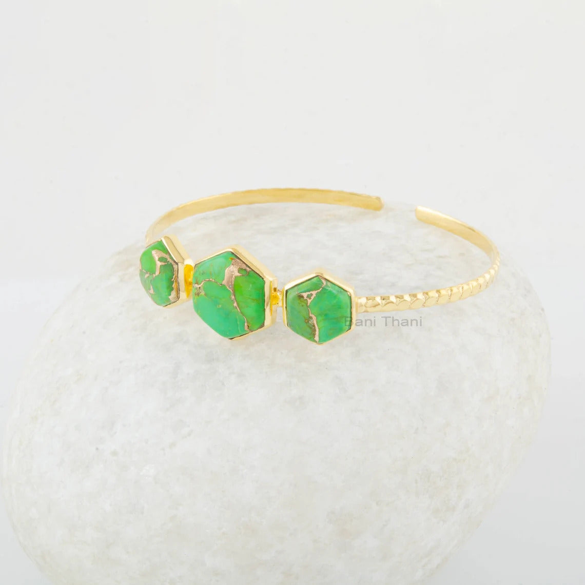 Turquoise Cuff - Green Copper Bangle - Hexagon Gemstone Bracelet - Solid Silver - Jewelry for Ladies - Adjustable Cuff Bangle - Gold Plated