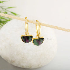 Drop Dangle Earrings - Ruby Zoisite Gemstone Earrings - Silver Hoop - 7x10mm Half Moon Shape Earrings - Gold Plated Earring - Gift for Women