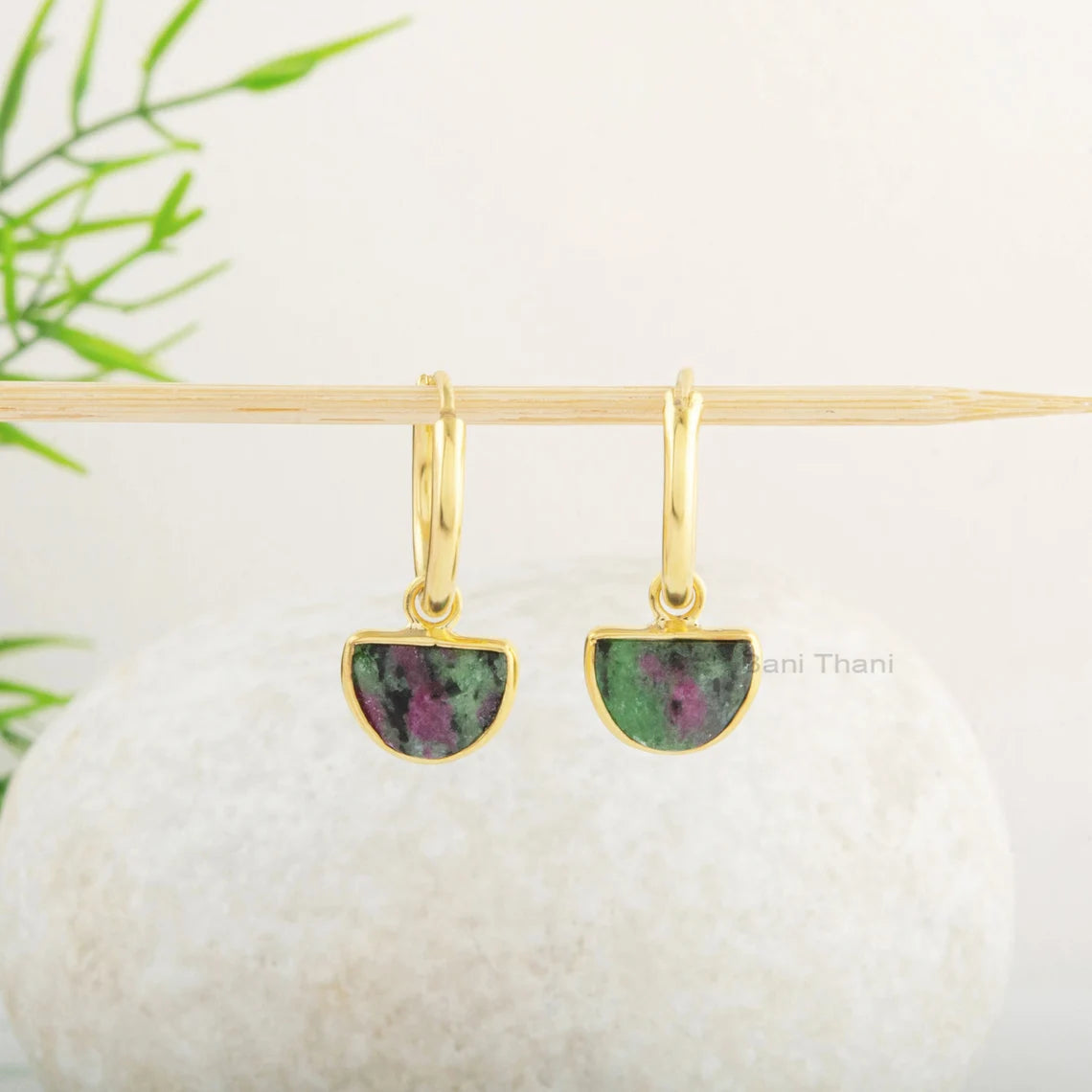 Drop Dangle Earrings - Ruby Zoisite Gemstone Earrings - Silver Hoop - 7x10mm Half Moon Shape Earrings - Gold Plated Earring - Gift for Women