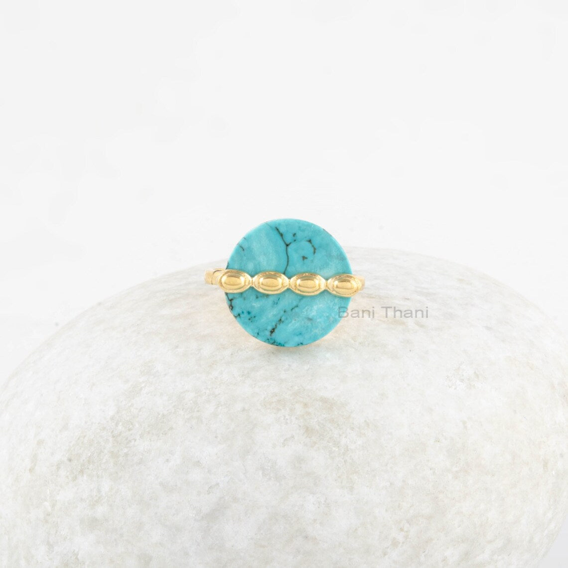 Tibetan Turquoise Ring - Handmade Round Gemstone Ring - Gold Plated Ring - Rings for Women - 925 Sterling Silver Ring - Jewelry For Summer