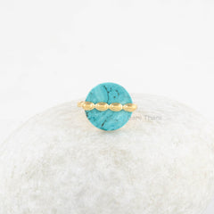 Tibetan Turquoise Ring - Handmade Round Gemstone Ring - Gold Plated Ring - Rings for Women - 925 Sterling Silver Ring - Jewelry For Summer