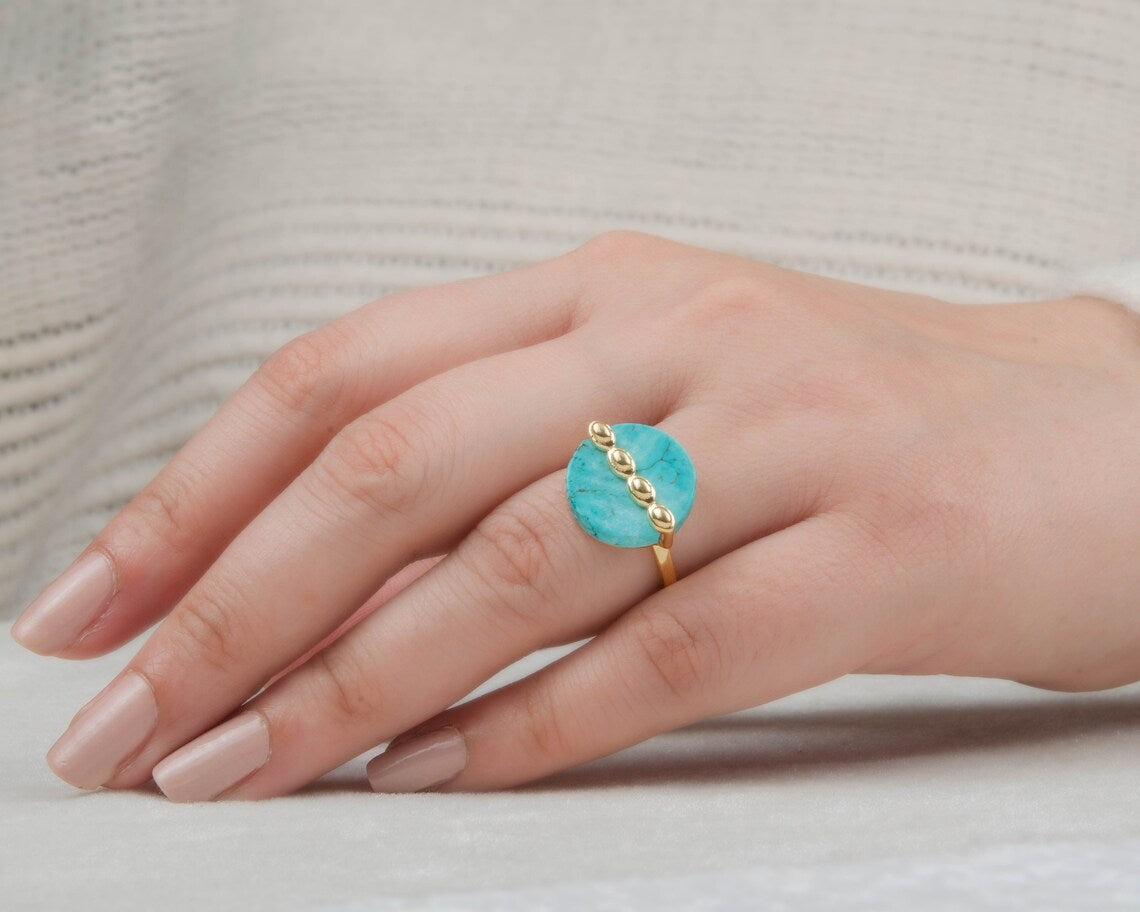 Tibetan Turquoise Ring - Handmade Round Gemstone Ring - Gold Plated Ring - Rings for Women - 925 Sterling Silver Ring - Jewelry For Summer