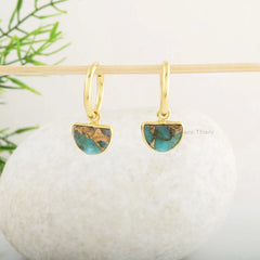 Dangle Hoop Earrings - Copper Amazonite Earrings - 7x10mm Half Moon Shape Gemstone Earring - Gold Plated Earrings - 925 Silver Hoop Earrings