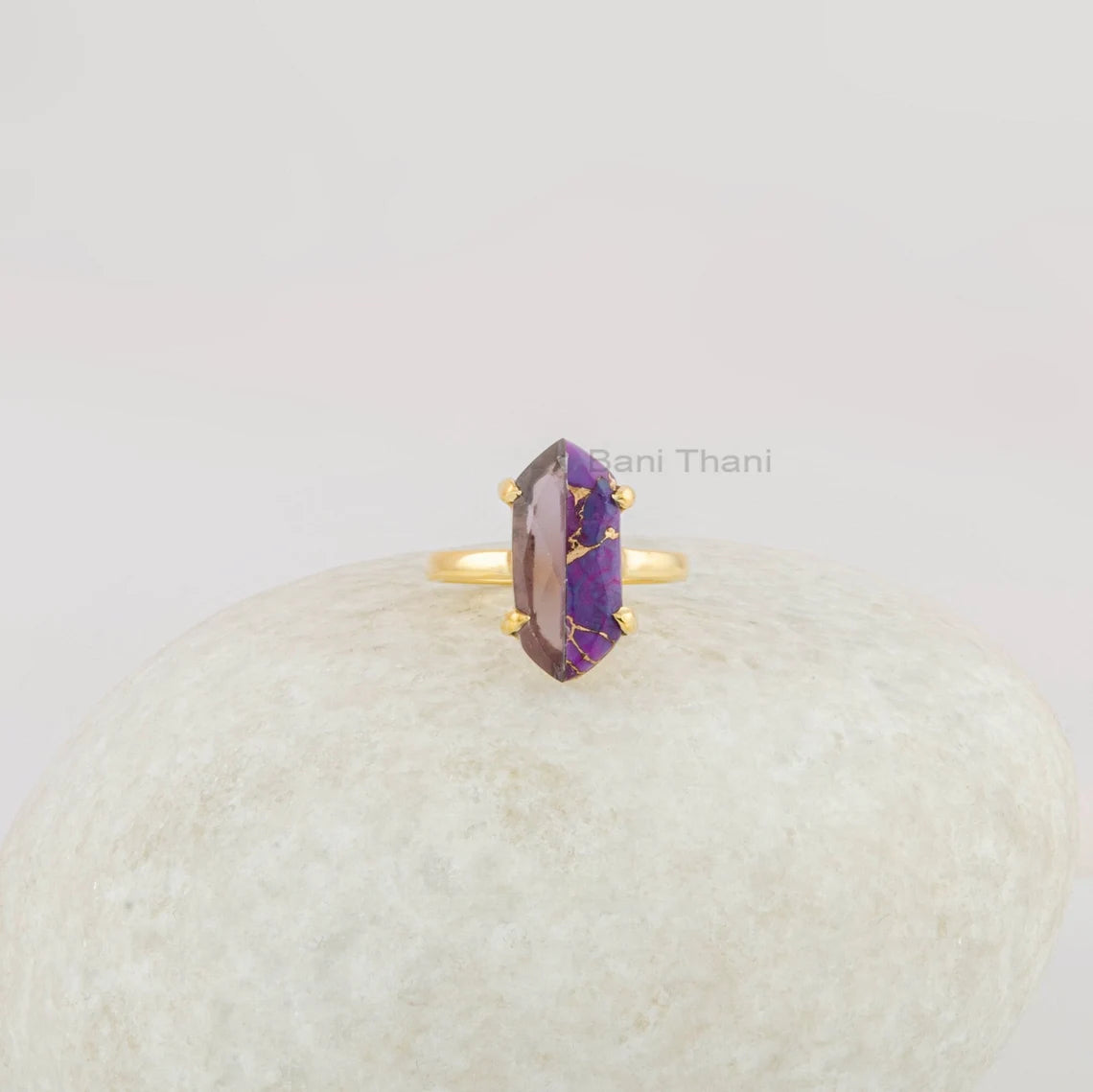 Fused Amethyst Purple Turquoise Gemstone Ring - Gold Plated Ring - 8x18mm Hexagon Ring - 925 Silver Ring - Rings for Women - Gift for Her