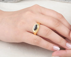 Signet Ring - Gift for Her - Black Onyx Gemstone Ring - 6x11mm Oval Ring - Gold Plated Ring - 925 Solid Silver - Birthday Gift - Dainty Ring