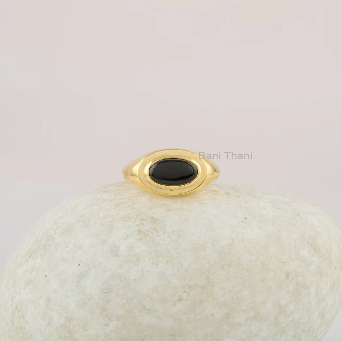 Signet Ring - Gift for Her - Black Onyx Gemstone Ring - 6x11mm Oval Ring - Gold Plated Ring - 925 Solid Silver - Birthday Gift - Dainty Ring